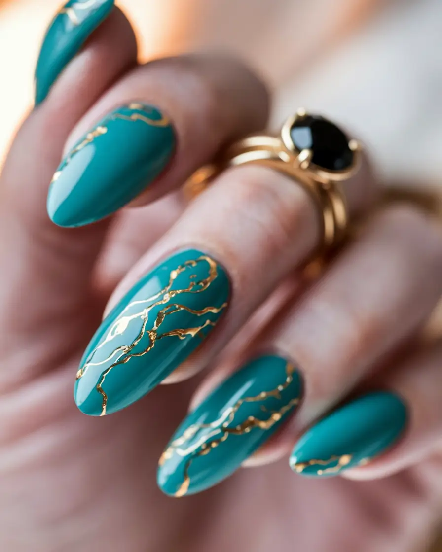 summer acrylic nail ideas 2025 Emerald Marble with Gold Lightning