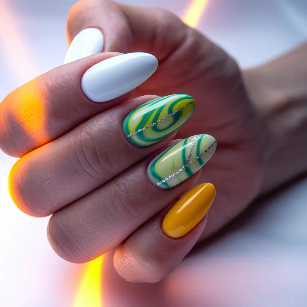 summer almond nails Bright Lemon Swirls with a Hint of Chrome