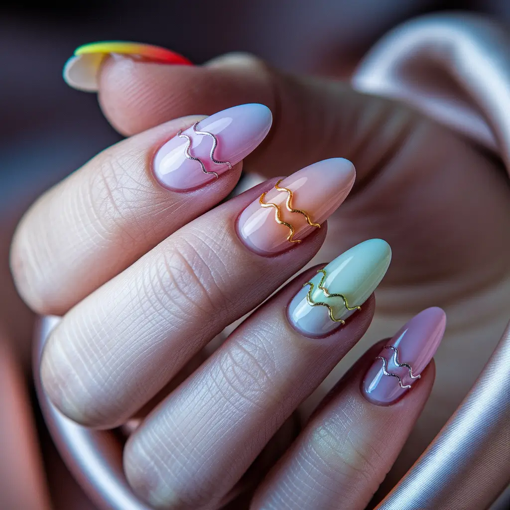 summer almond nails Pastel Chrome with Delicate Gold Waves