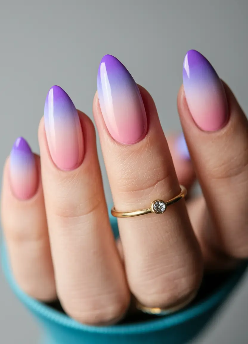 summer almond nails Lavender and Pink Ombré Glow