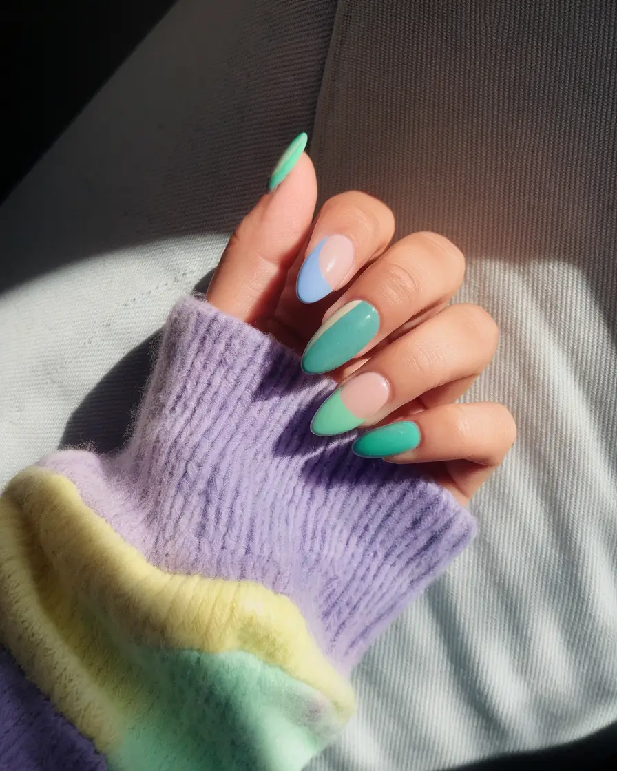 summer almond nails Mint & Sky with Negative Space Lines