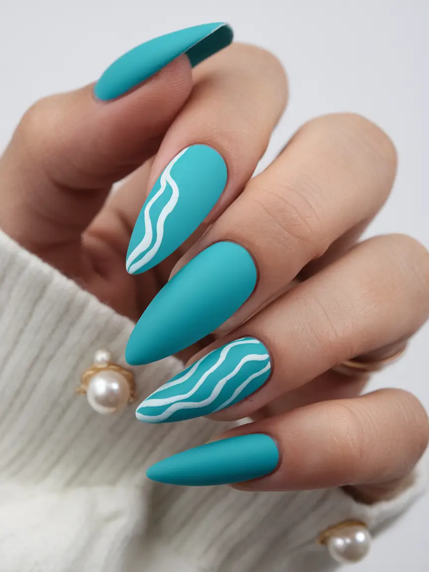 summer almond nails Teal Matte with Wavy White Lines