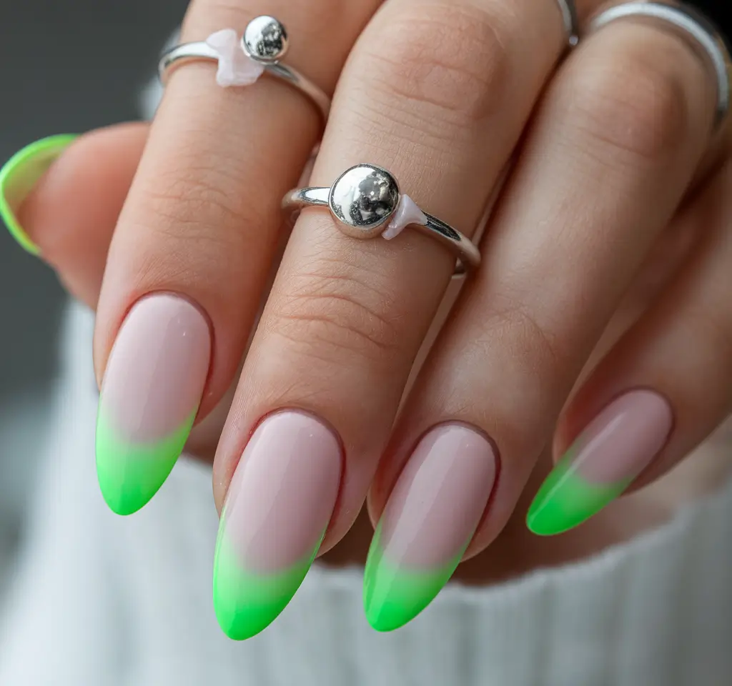 summer almond nails Neon Green Ombré French Fade