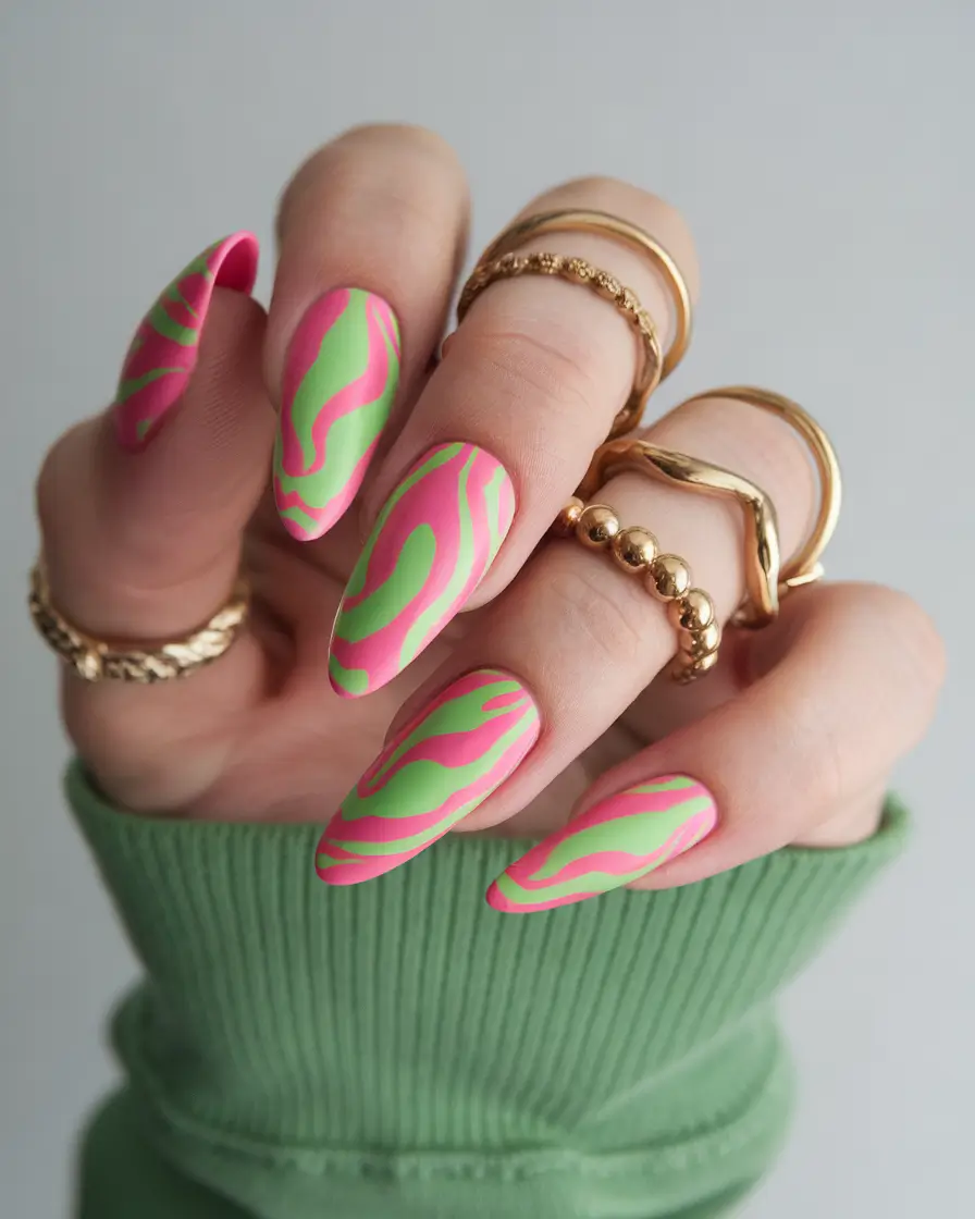 summer almond nails Barbiecore Swirl in Pink and Lime