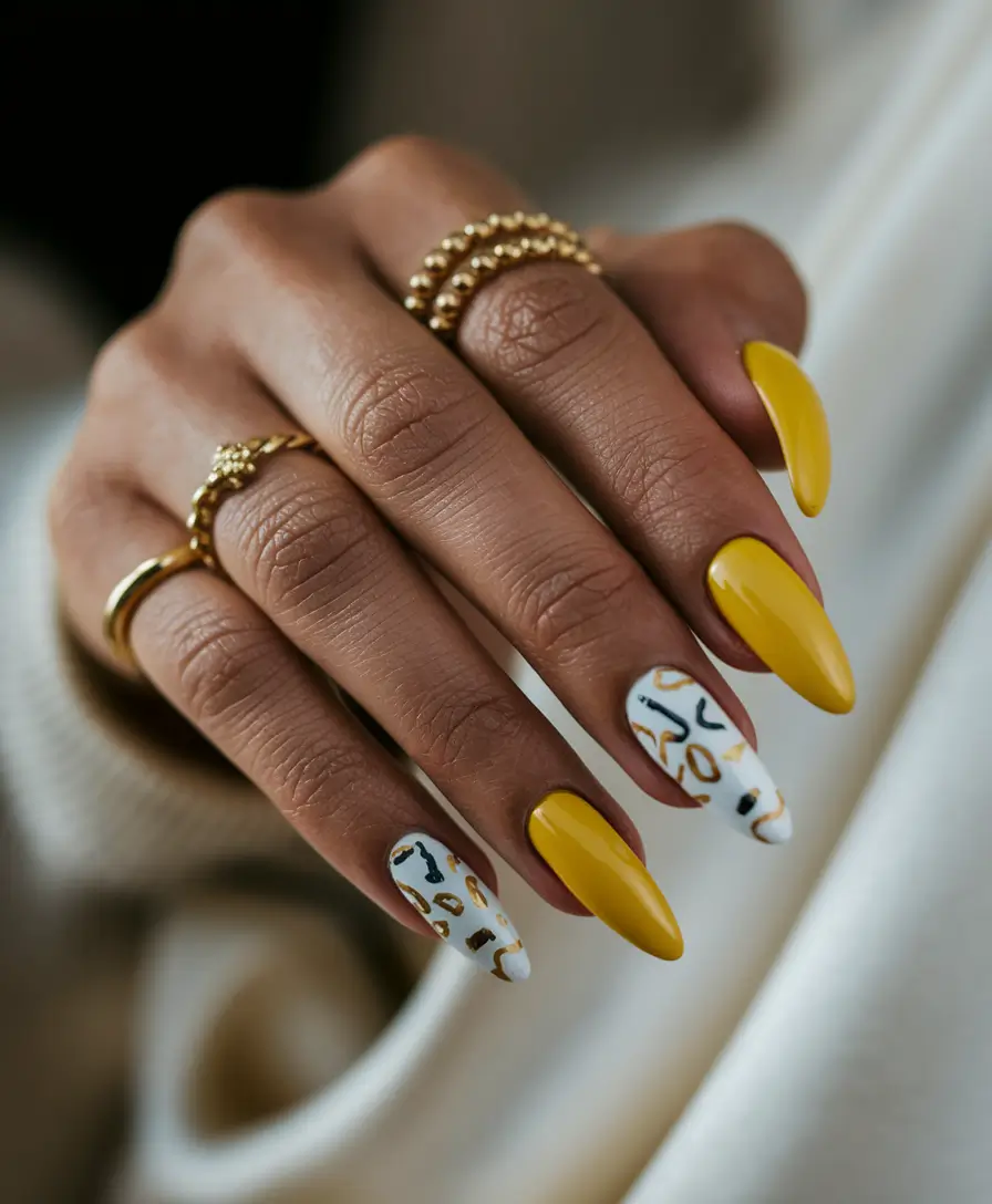 summer almond nails Glossy Yellow with Fierce Leopard Accents