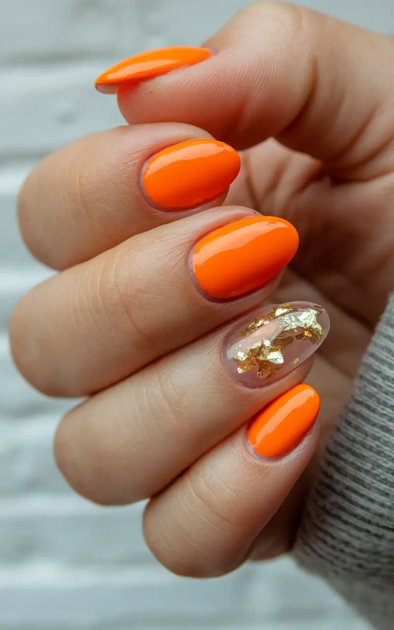 summer almond nails Short Orange with Gold Leaf Accent