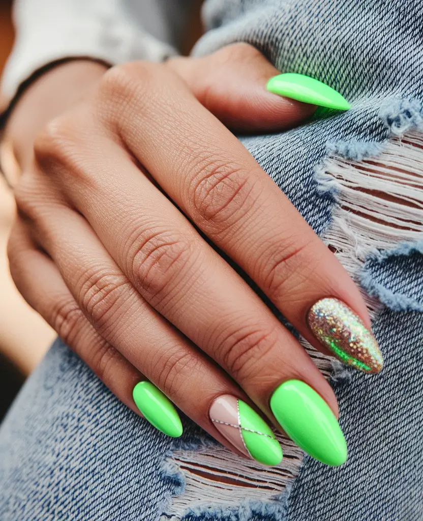 summer almond nails Neon Green Meets Glitter and Precision