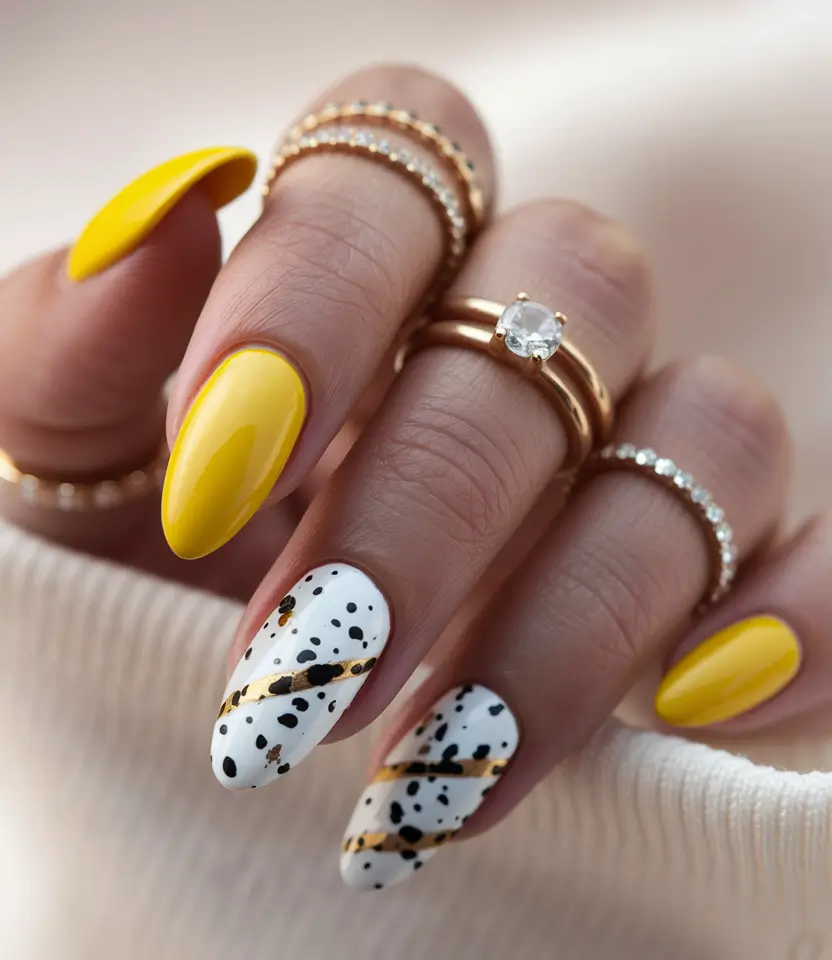 summer almond nails Dalmatian Dots with Sunny Gold Accents