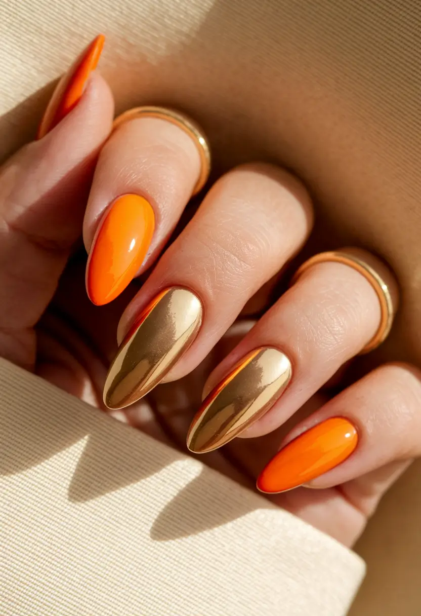 summer almond nails Chrome Gold and Sunset Orange Fusion