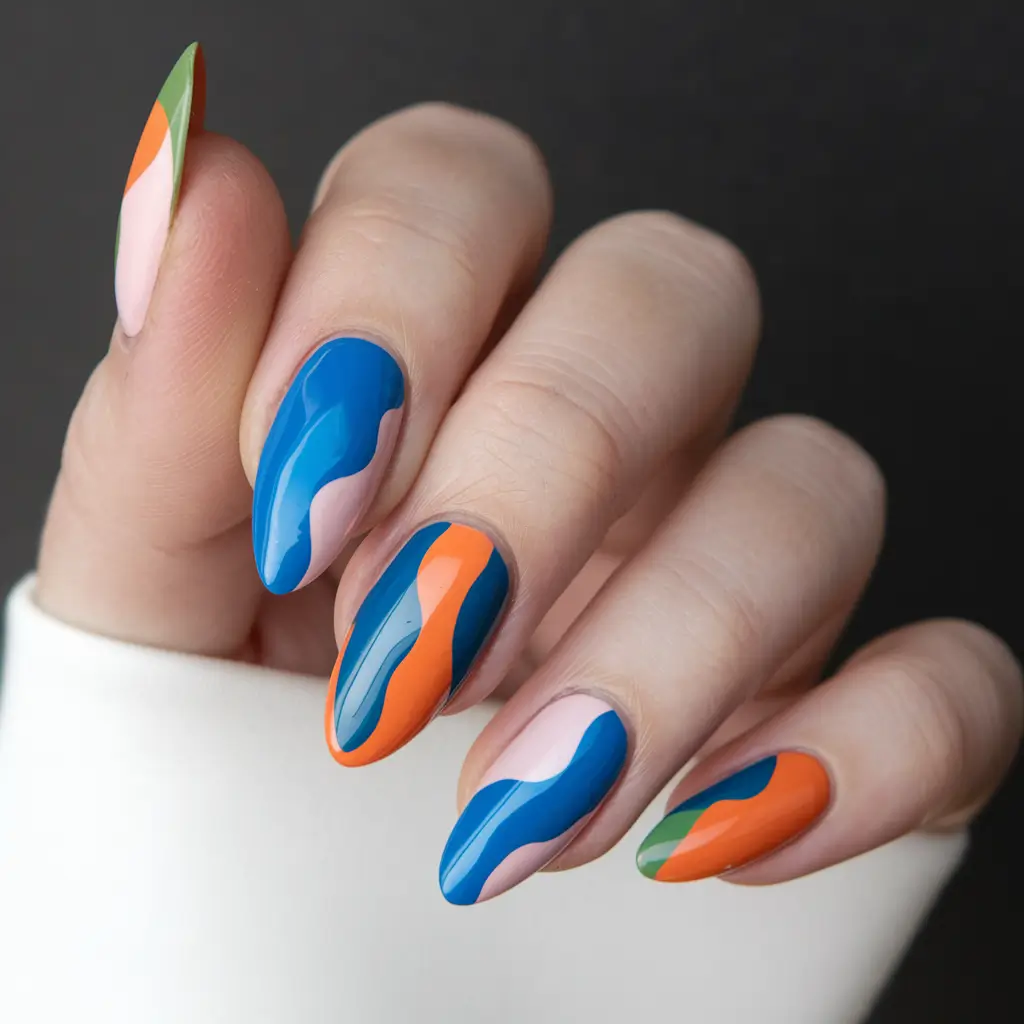 summer almond nails Retro Color Blocking in Playful Waves