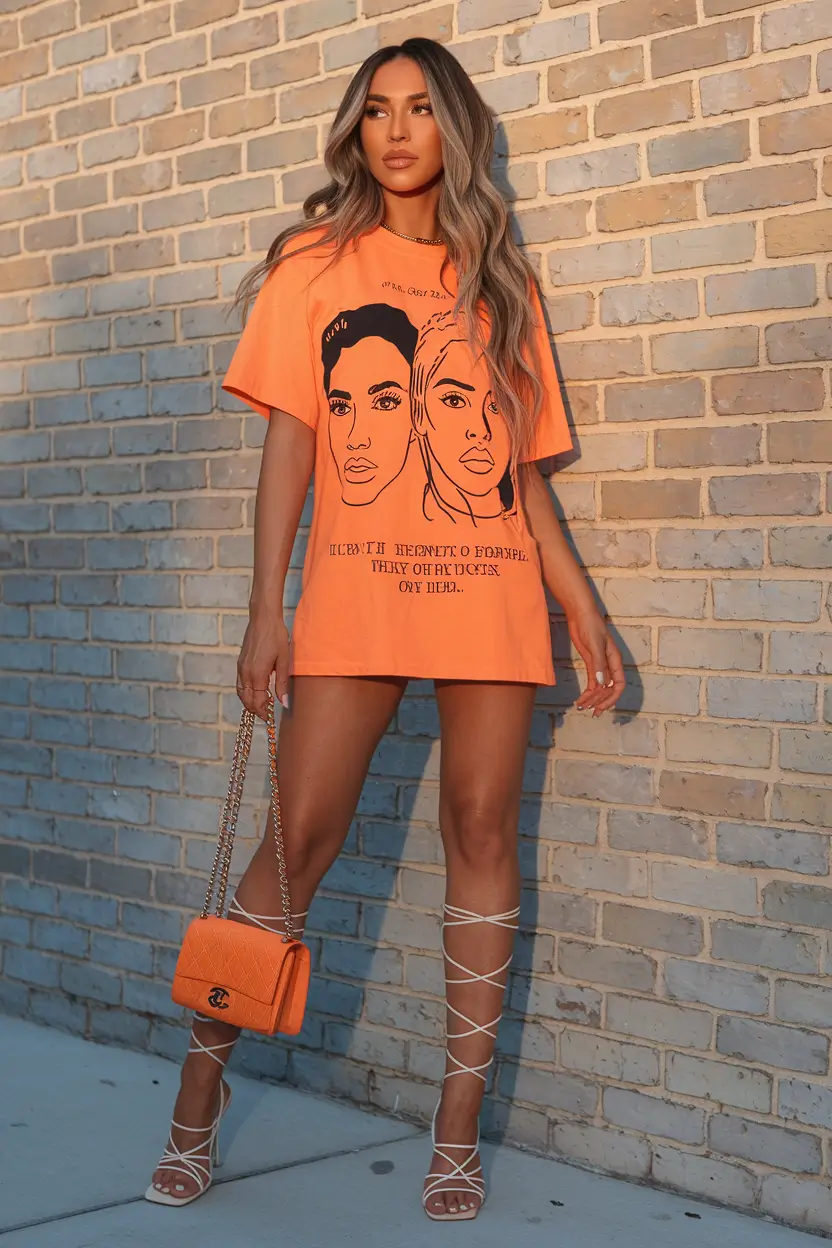 summer birthday outfits 2025 Oversized Graphic Tee and Gladiator Heels for a Bold Street Style Vibe