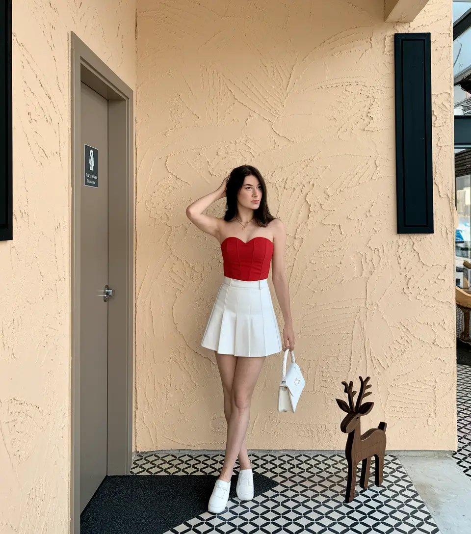 summer birthday outfits 2025 bold red bustier and white pleated skirt for a statement look