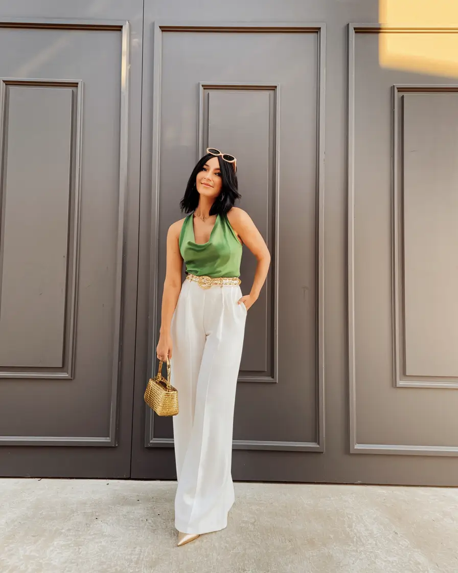 summer birthday outfits 2025 Green Satin Halter Top and White Wide Leg Pants for a Luxe Birthday Look
