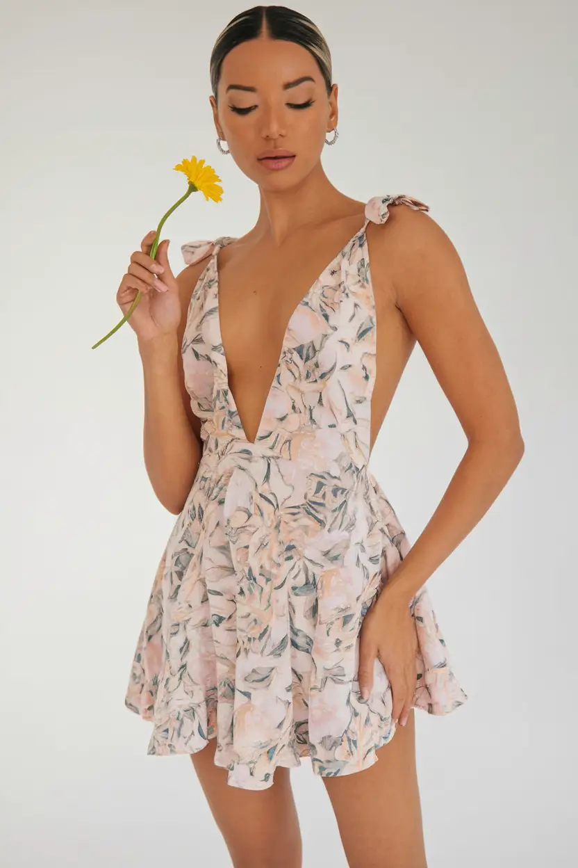 summer birthday outfits 2025 Floral Deep V Neck Mini Dress For A Daytime Birthday Party