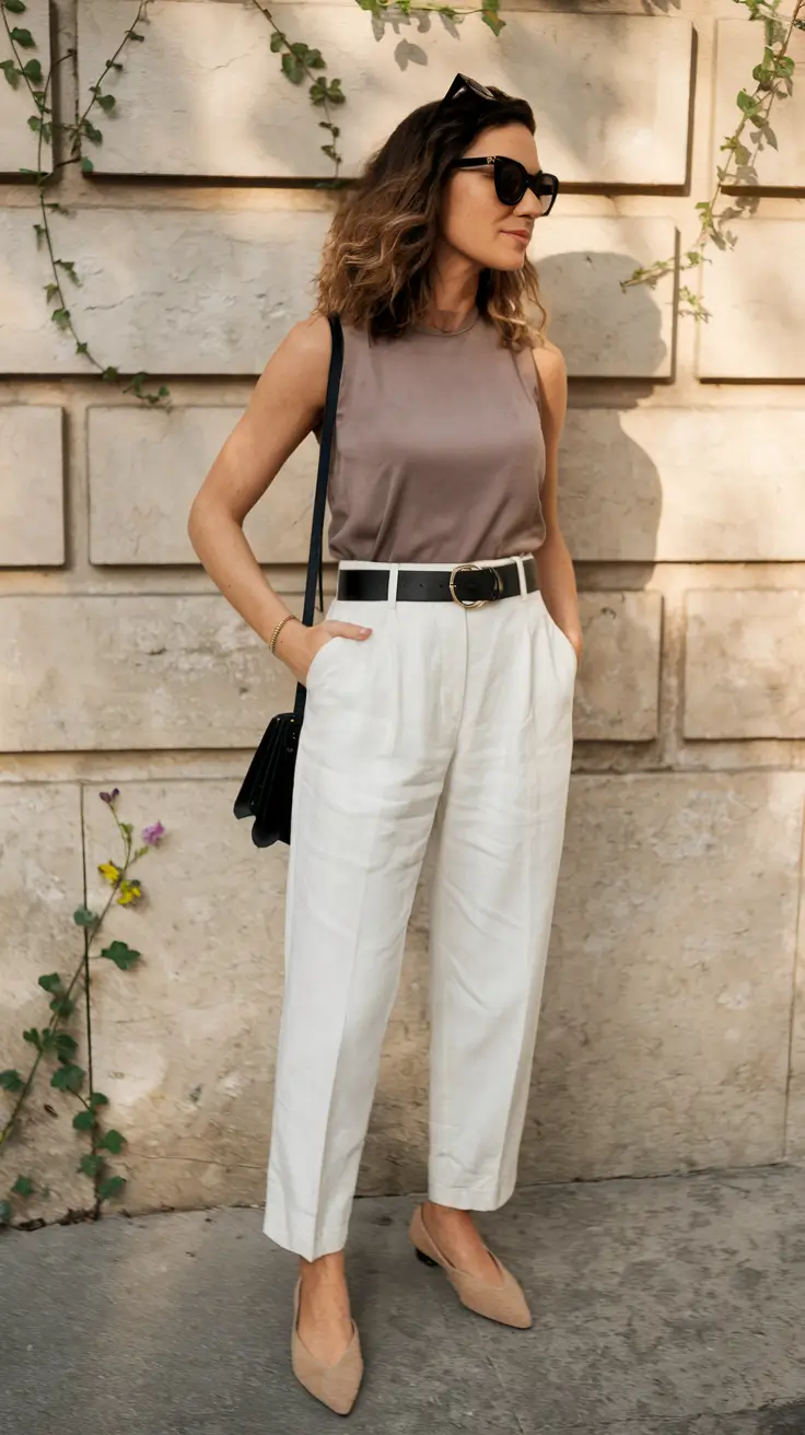 summer business casual outfit ideas 2025 Beige Linen Trousers and Taupe Tank