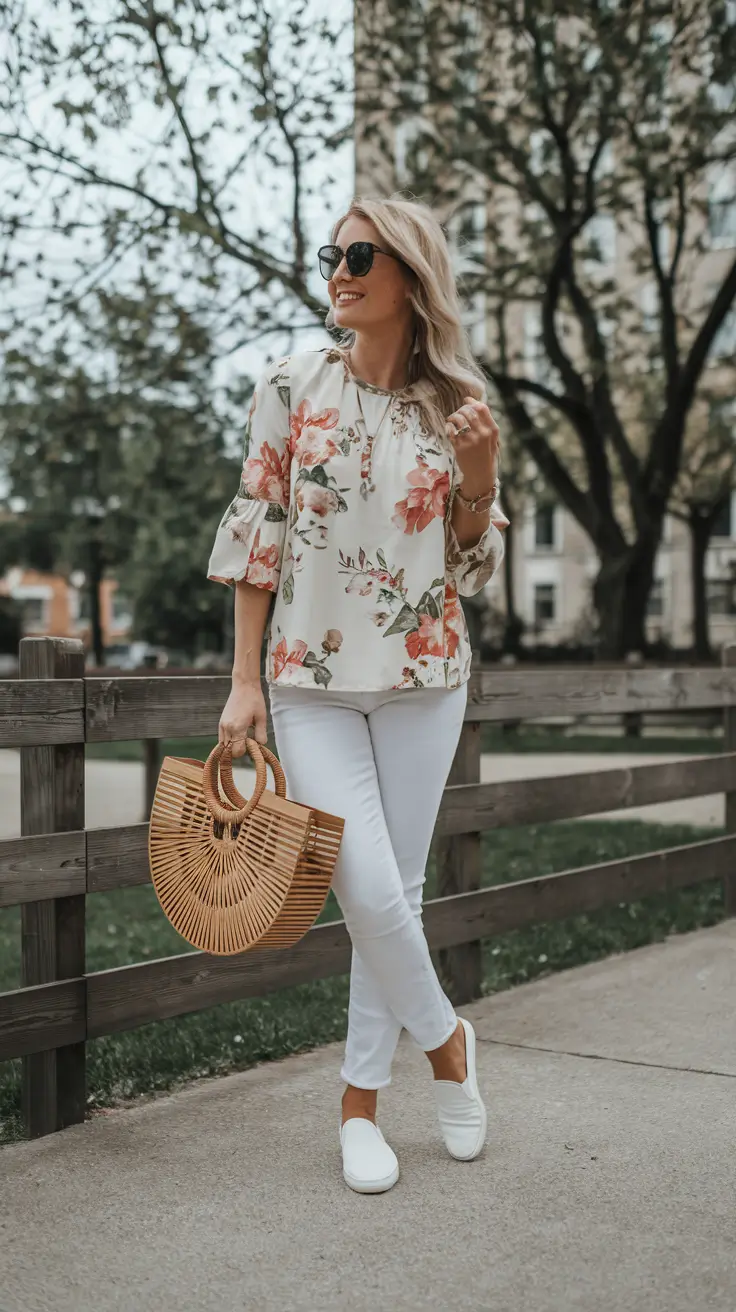 summer business casual outfit ideas 2025 Floral Blouse and White Denim