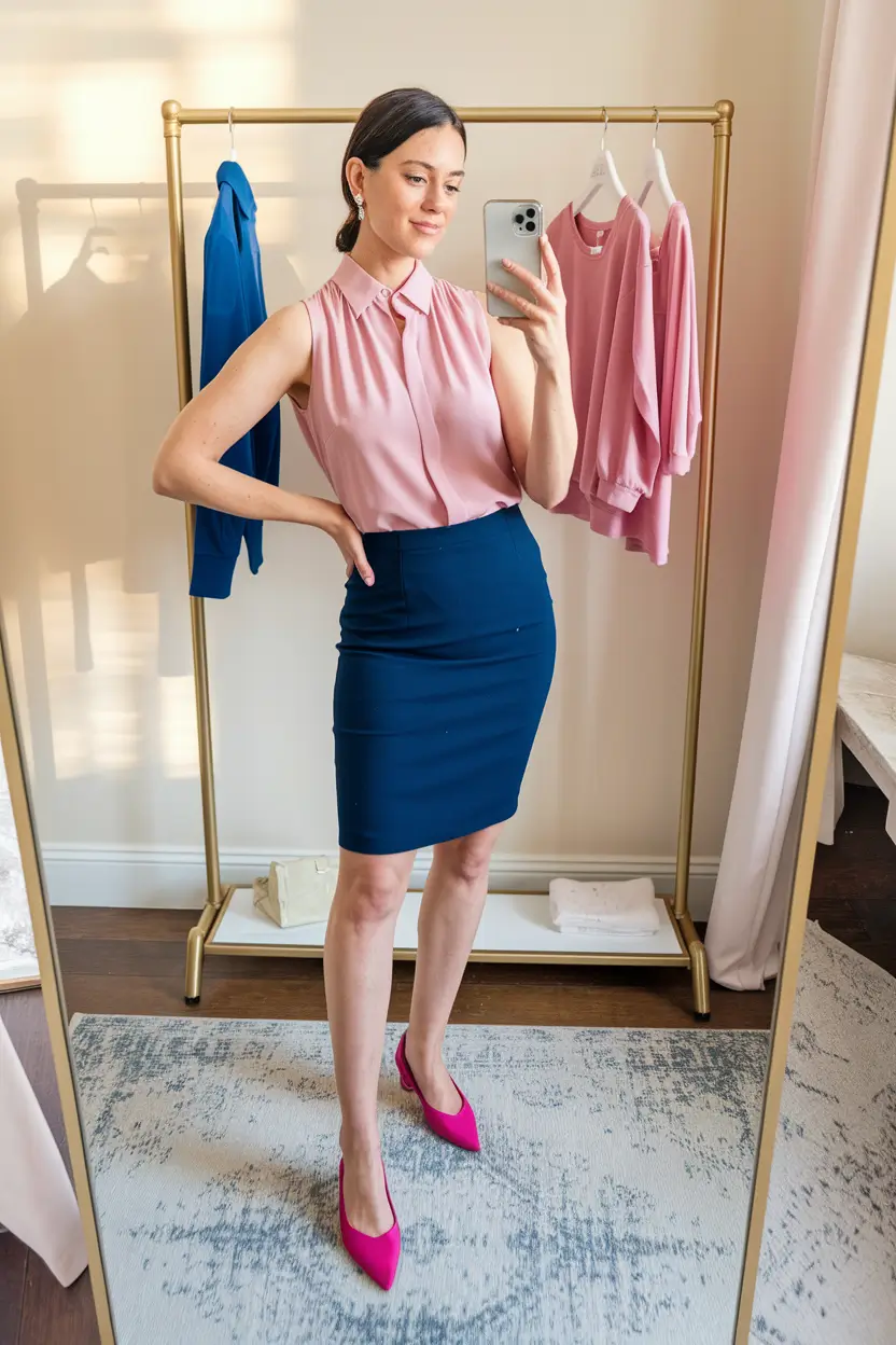 summer business casual outfit ideas 2025 Pink Blouse and Navy Pencil Skirt
