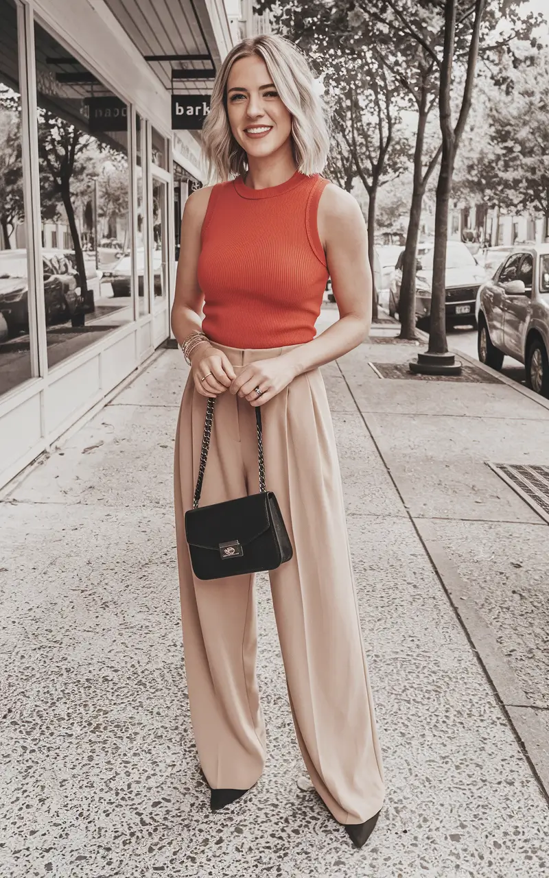 summer business casual outfit ideas 2025 Red Top and Beige Trousers