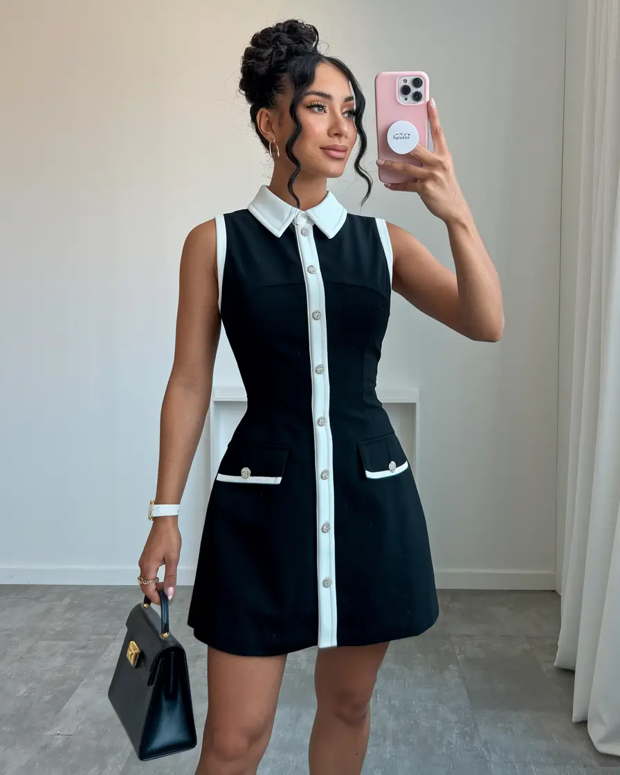 summer business casual outfit ideas 2025 Monochrome Black and White Dress