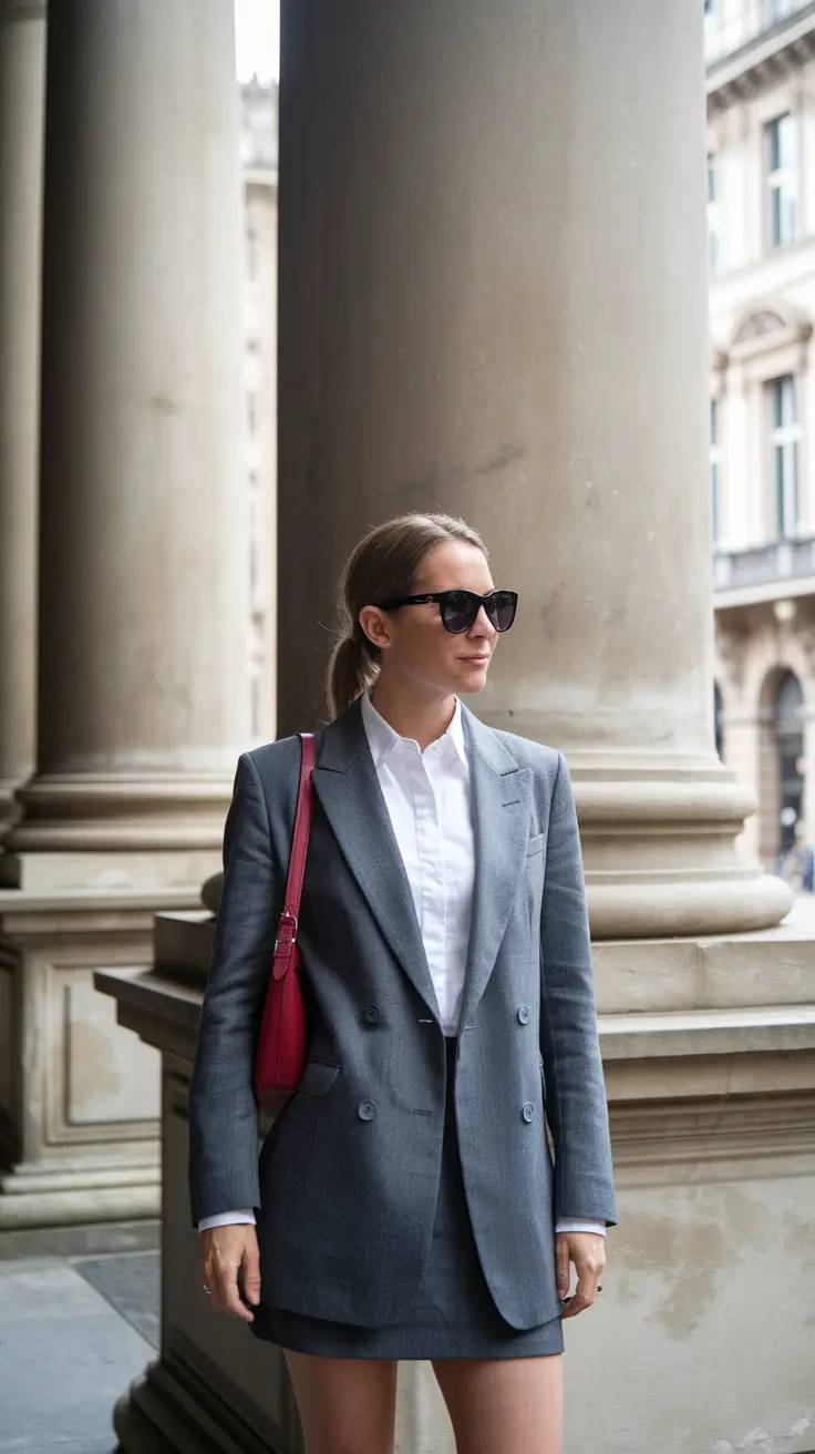 summer business casual outfit ideas 2025 Power Suit Grey Blazer and Mini Skirt Combo