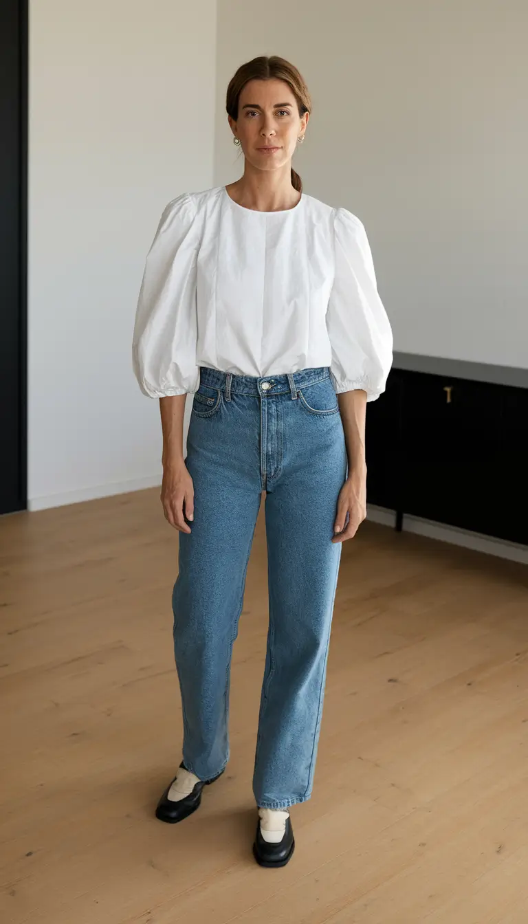 summer business casual outfit ideas 2025 Puff Sleeve Top and Denim
