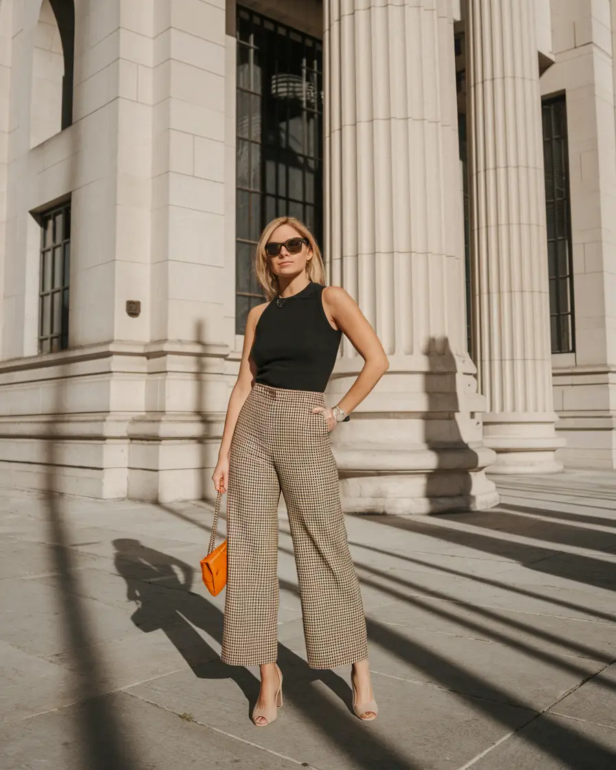 summer business casual outfit ideas 2025 Black Tank and Checkered Trousers