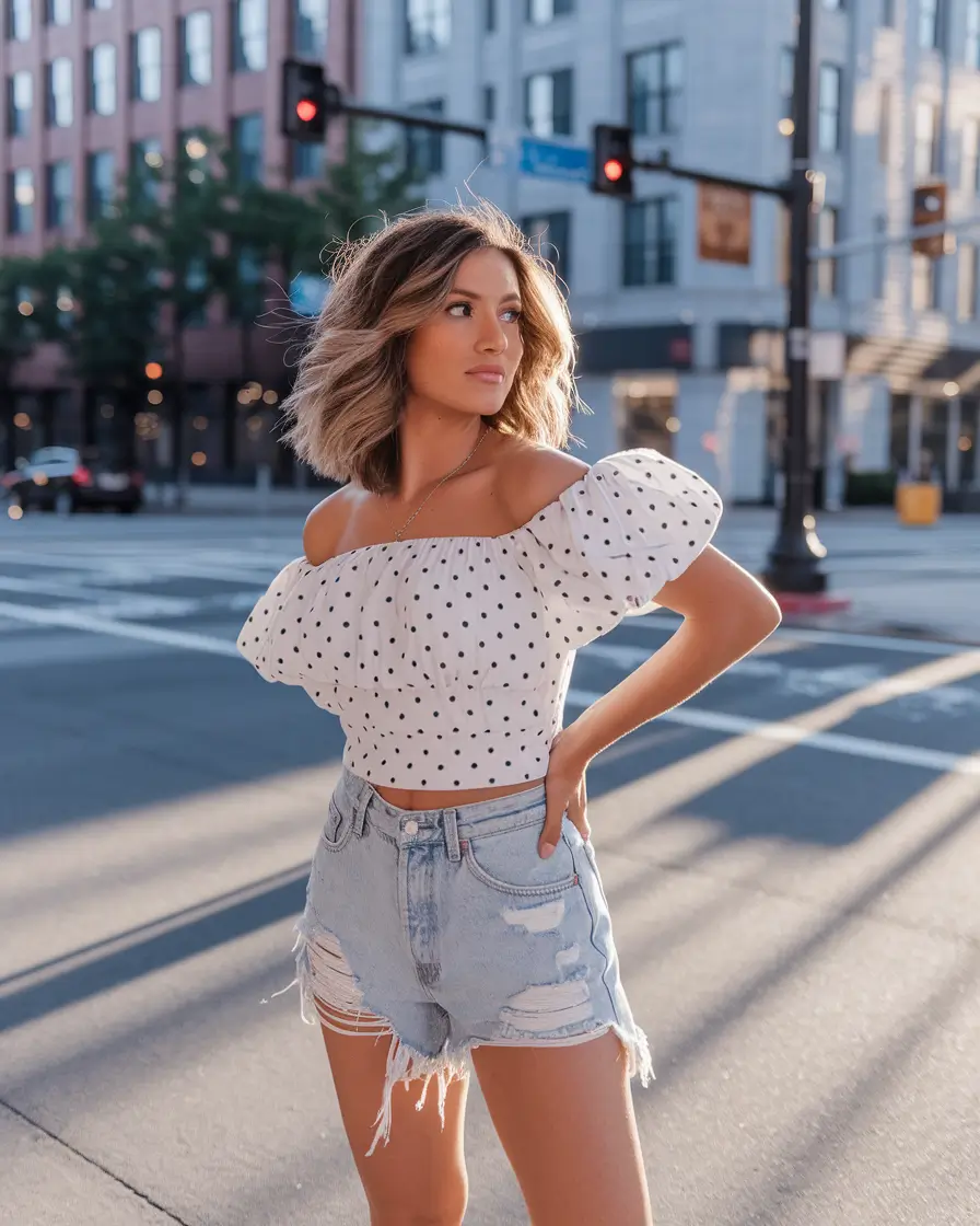 summer mom outfits ideas 2025 Polka-Dot Charm with Denim Edge