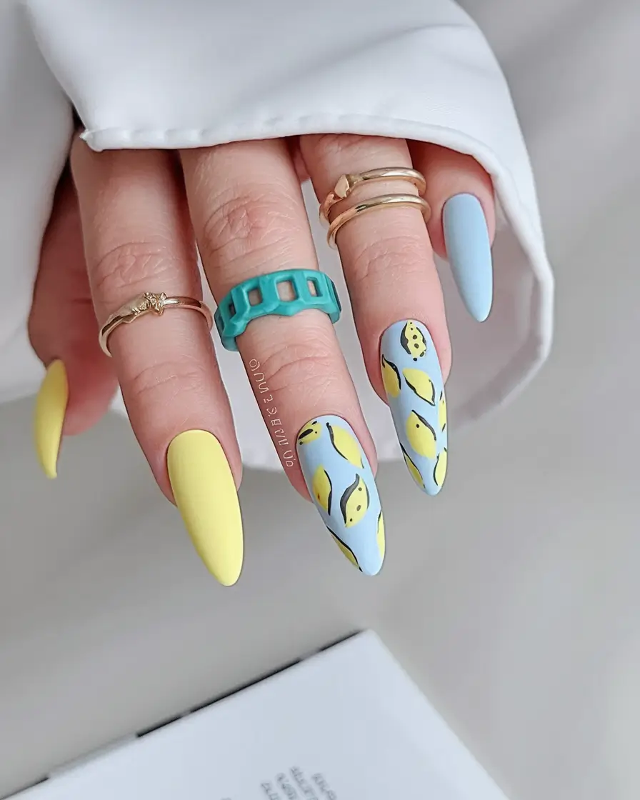summer nail art ideas 2025 Lemon Print Matte Nails