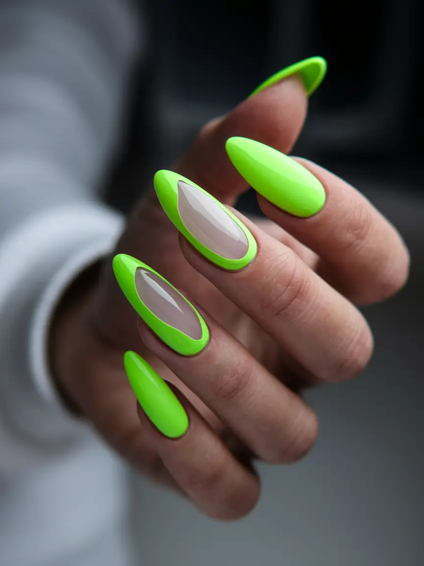 summer nail art ideas 2025 Neon Green Frame Tips