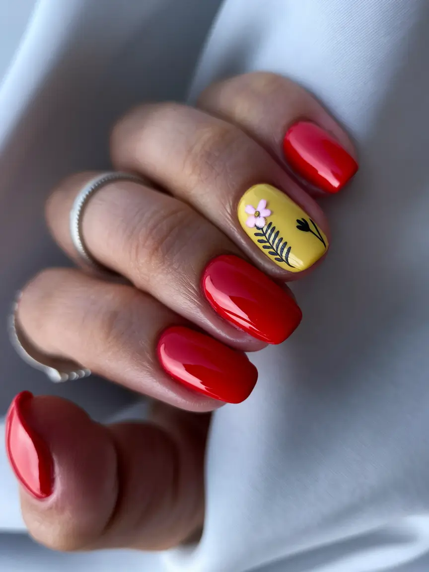 summer nail art ideas 2025 Red Meets Yellow Garden Pop