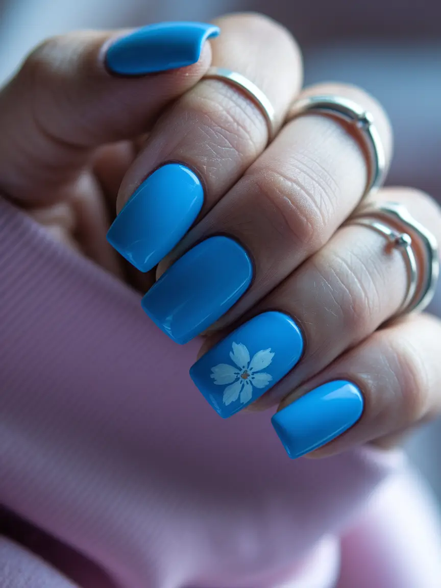 summer nail art ideas 2025 Ocean Blue Petal Accent