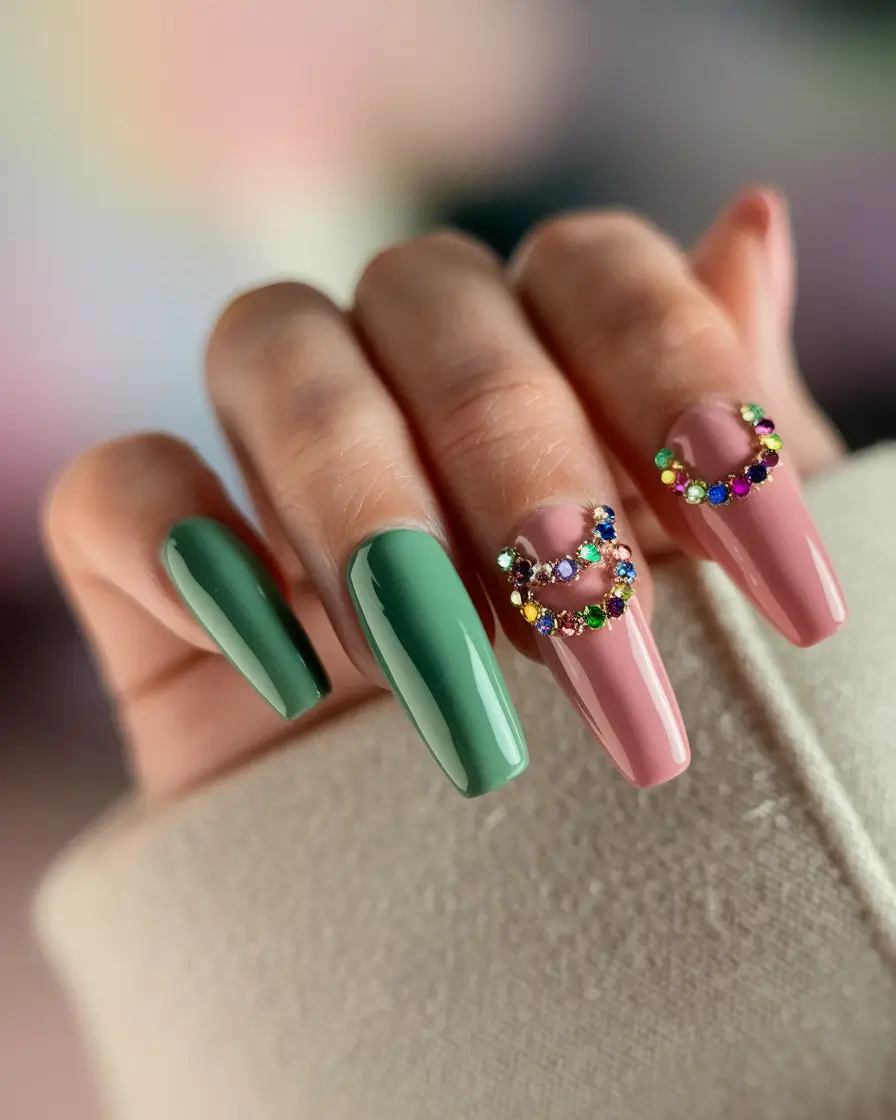 summer nail art ideas 2025 Pink & Green Royal Gems