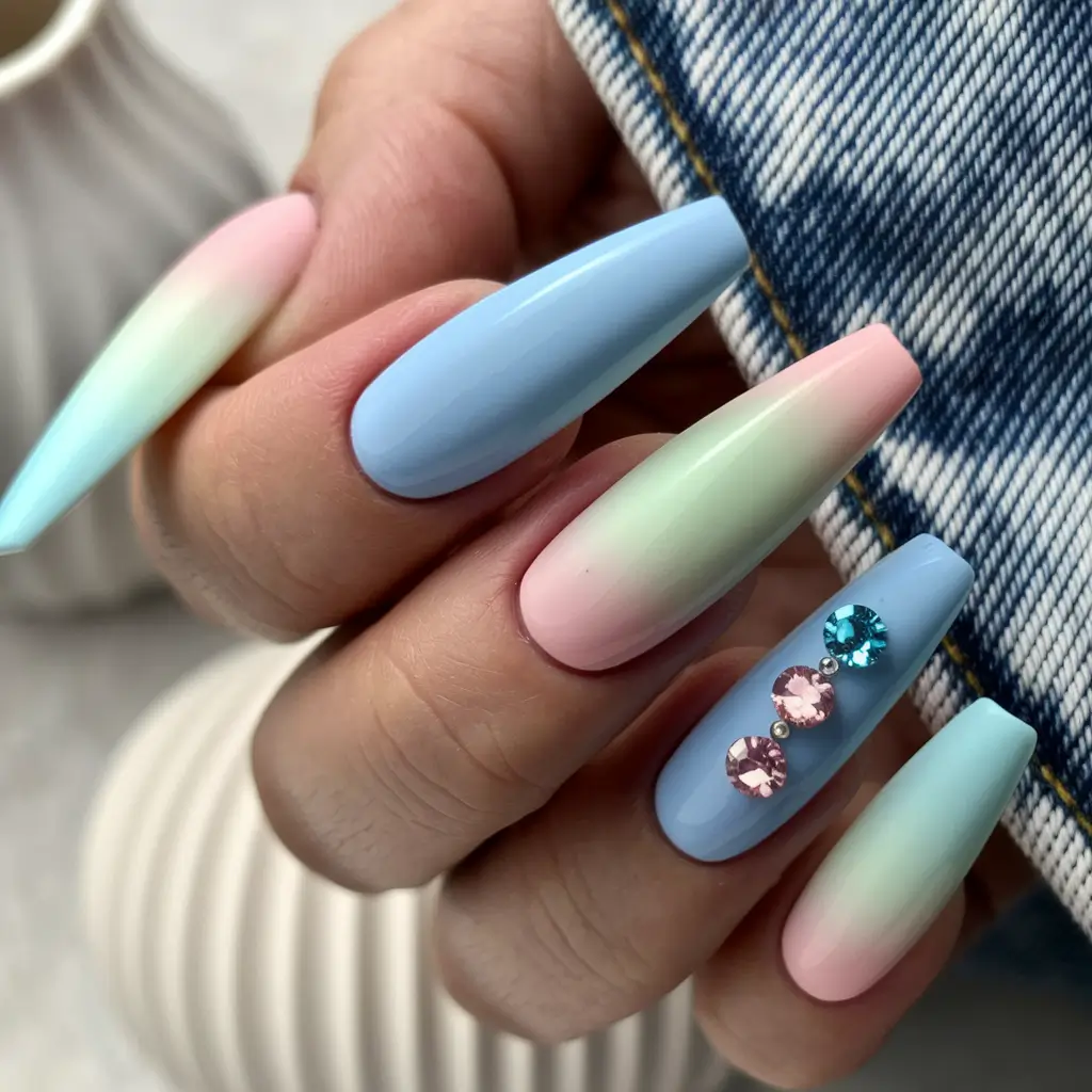summer nail art ideas 2025 Pastel Ombré Fade with Crystals