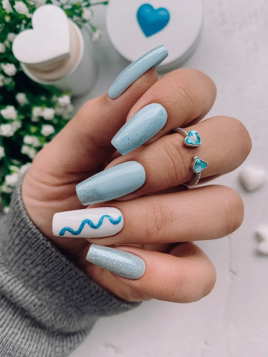 summer nail art ideas 2025 Silver Glitter & Blue Wave Accent