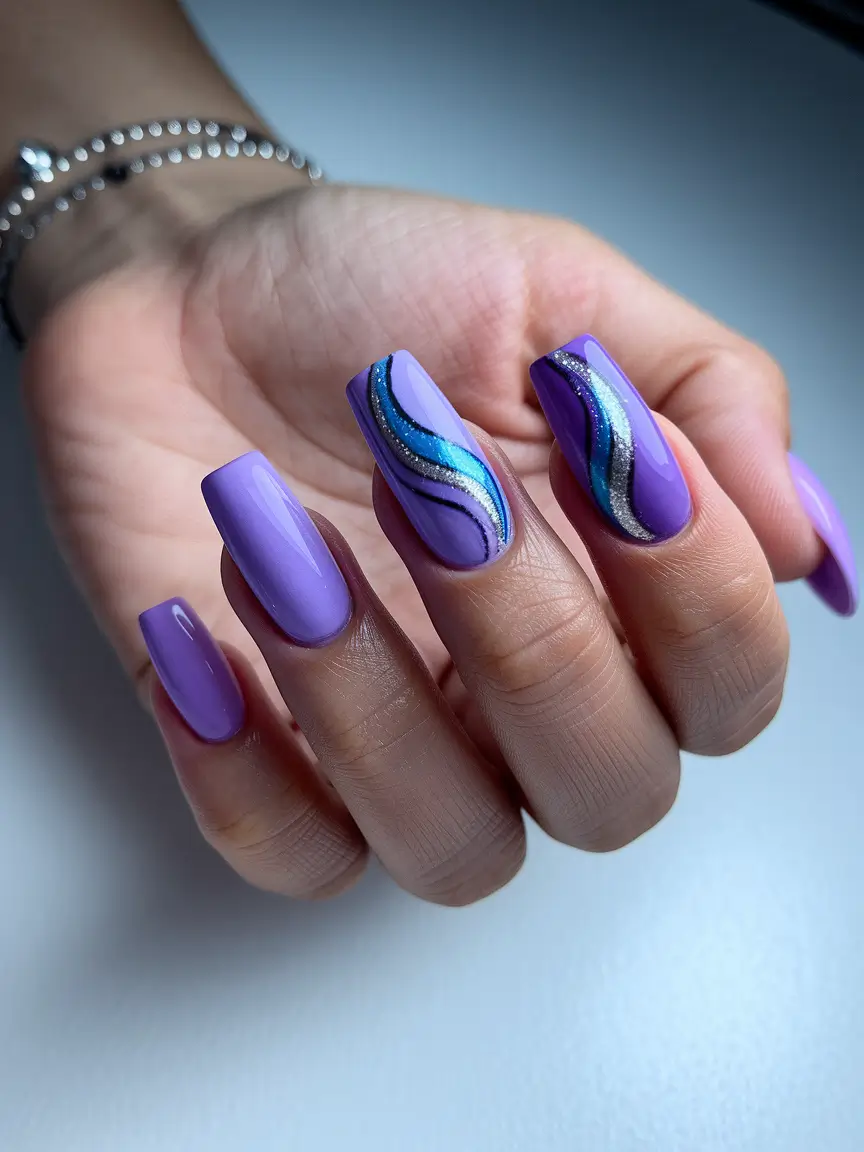 summer nail art ideas 2025 Electric Violet with Chrome Swirls