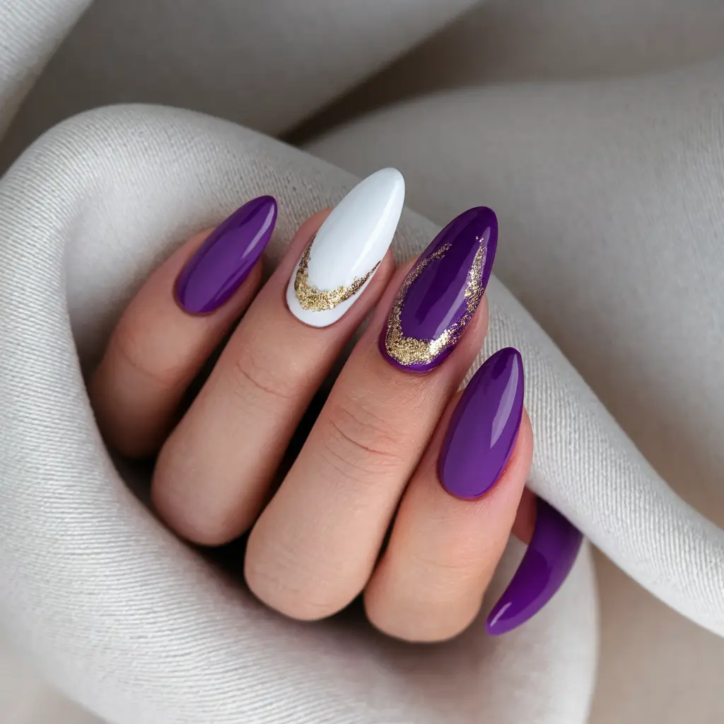 summer nail art ideas 2025 Regal Violet and Gold Accents