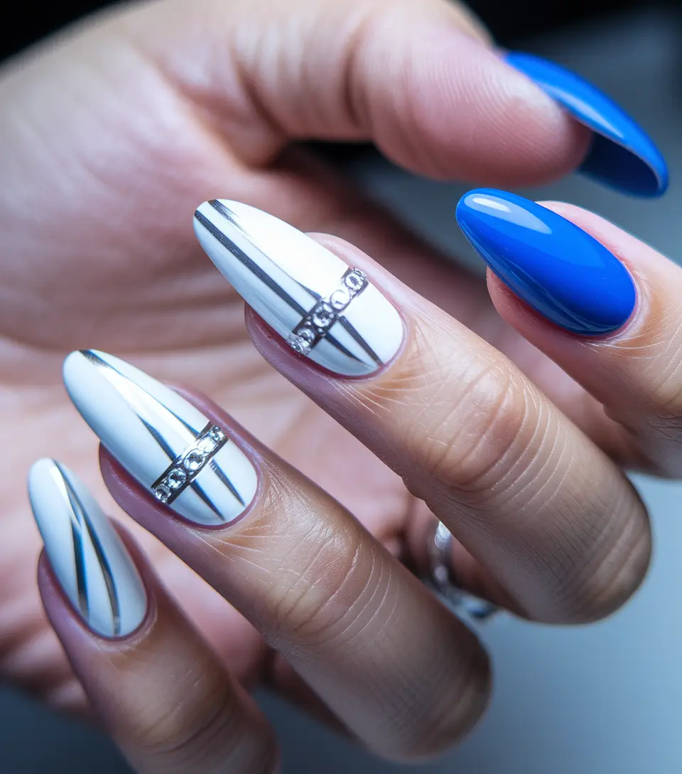 summer nail art ideas 2025 Futuristic Blue and Silver Geometry