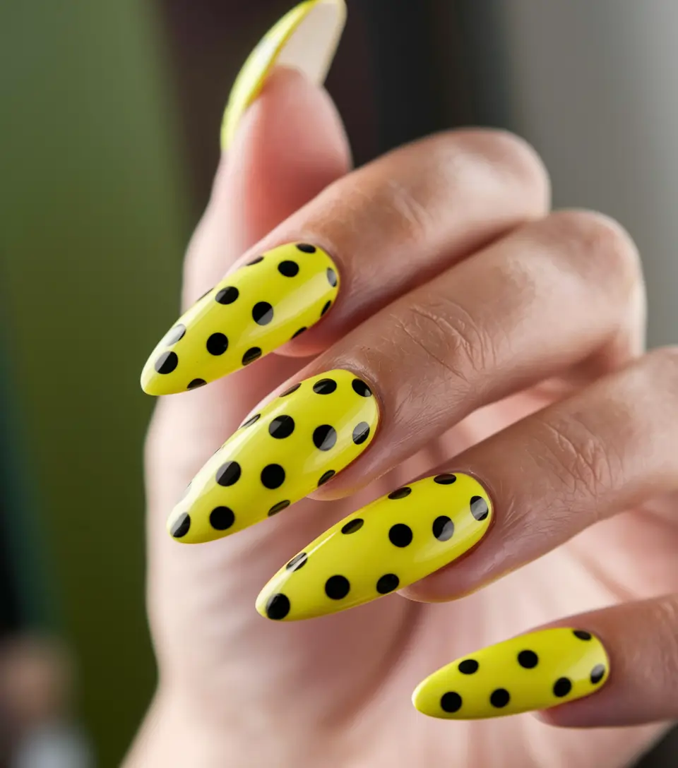 summer nail art ideas 2025 Playful Yellow with Retro Polka Dots