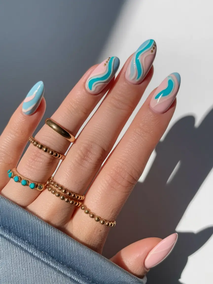 summer nail colors ideas 2025 Playful Aqua Waves with a Hint of Retro