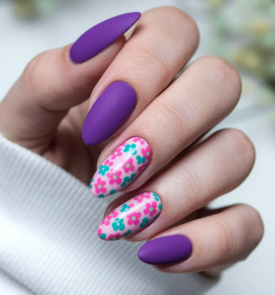 summer nail colors ideas 2025 Matte Violet & Retro Floral Pop