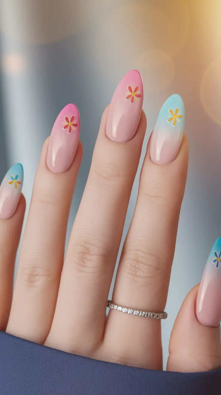 summer nail colors ideas 2025 Dainty Daisies on Cotton Candy Tips