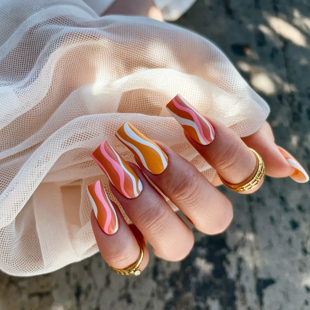 summer nail colors ideas 2025 Retro Sunset Waves