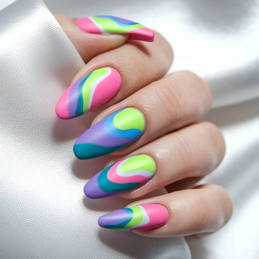 summer nail colors ideas 2025 Neon Matte Tie-Dye Dream