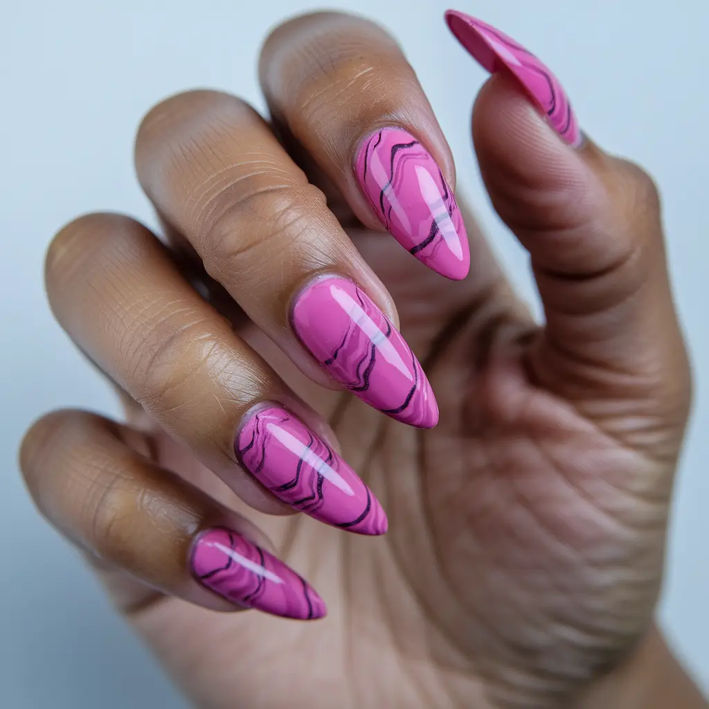 summer nail colors ideas 2025 Glossy Magenta Marble with Sharp Contrast