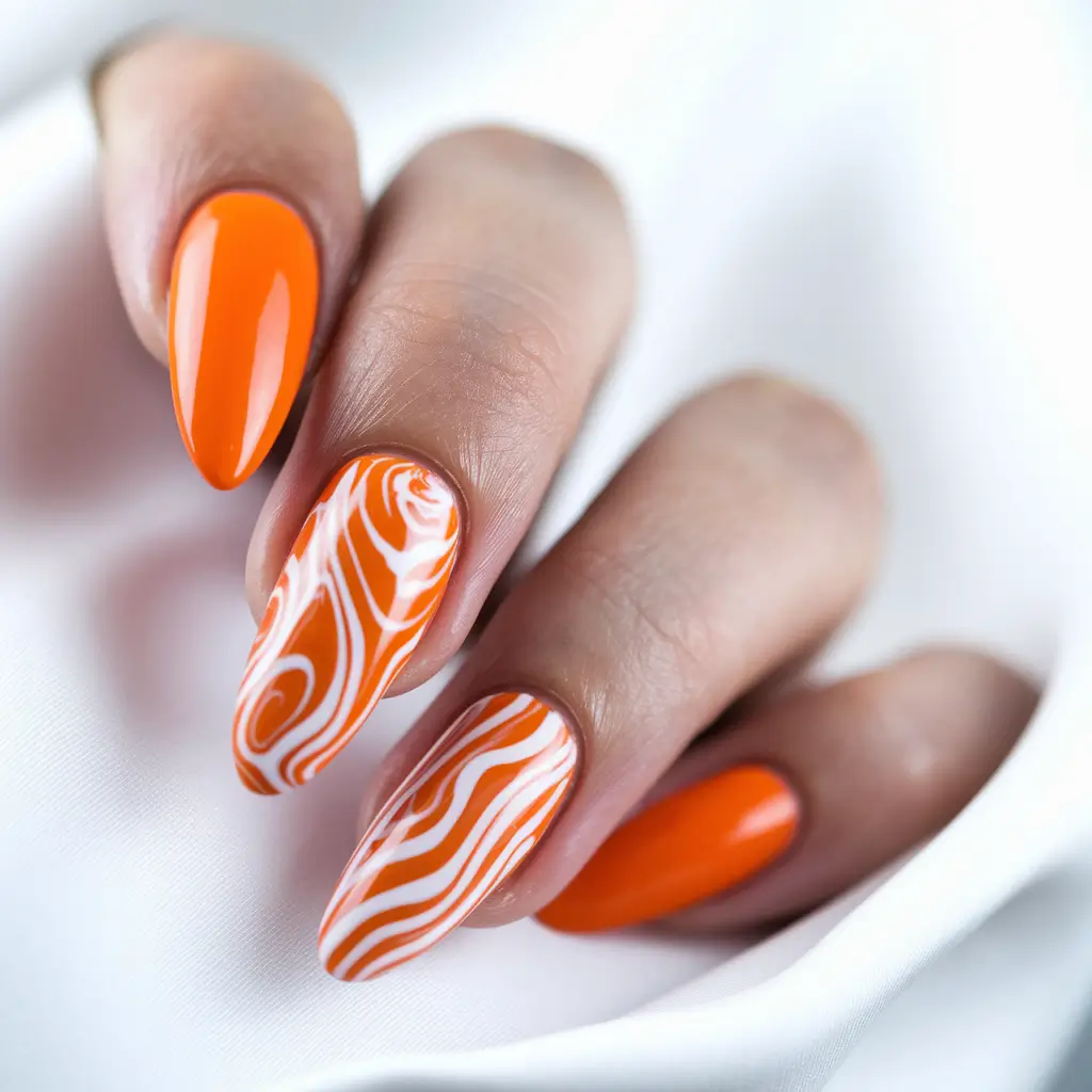 summer nail colors ideas 2025 Tangerine Swirls That Scream Poolside Energy