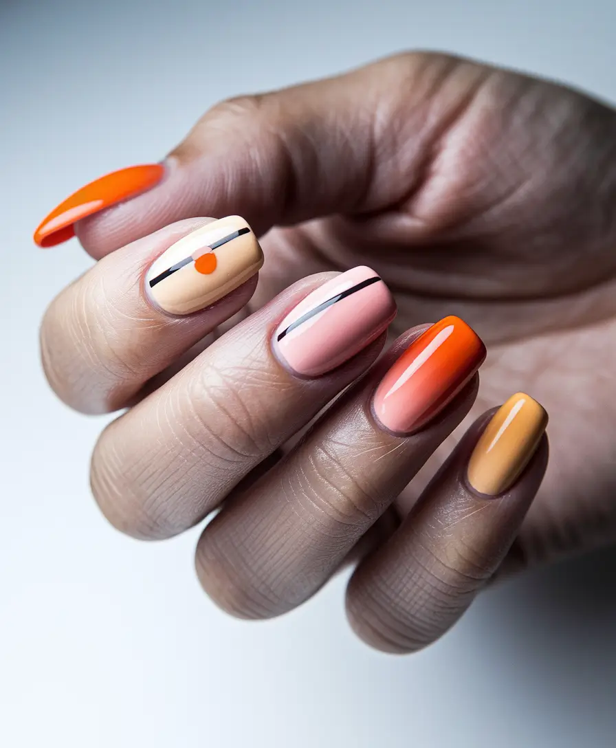 summer nail colors ideas 2025 Sunset Gradient Meets Minimal Graphic Lines