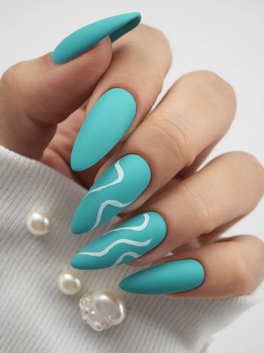 summer nail colors ideas 2025 Cool Matte Turquoise with Clean White Waves