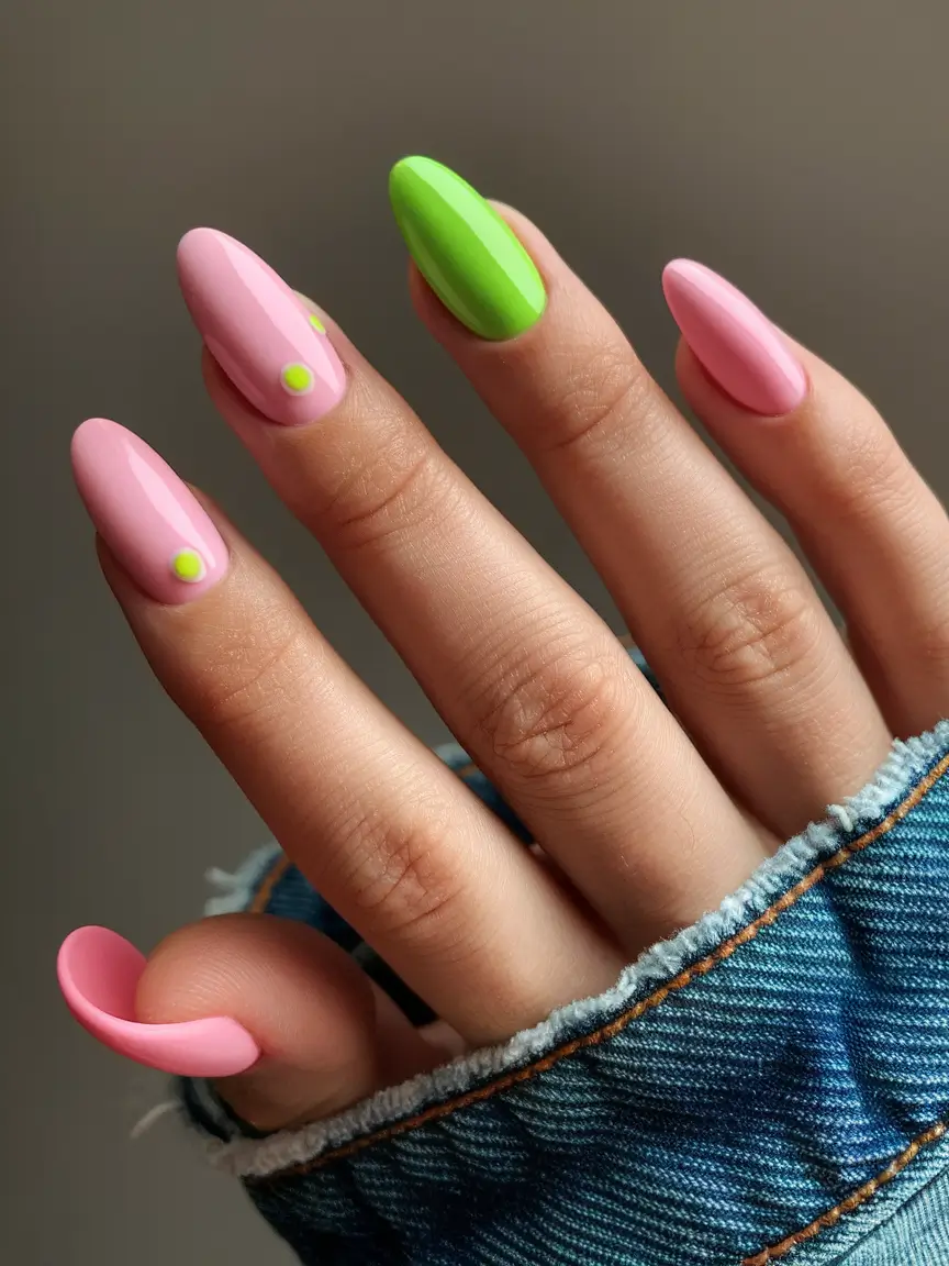 summer nail colors ideas 2025 Bubblegum Pop with Lime Dot Play