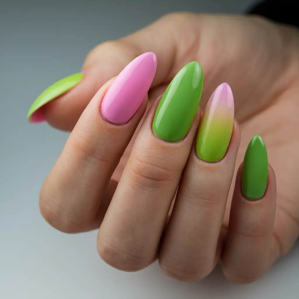summer nail colors ideas 2025 Pink & Green Smoothie Fade