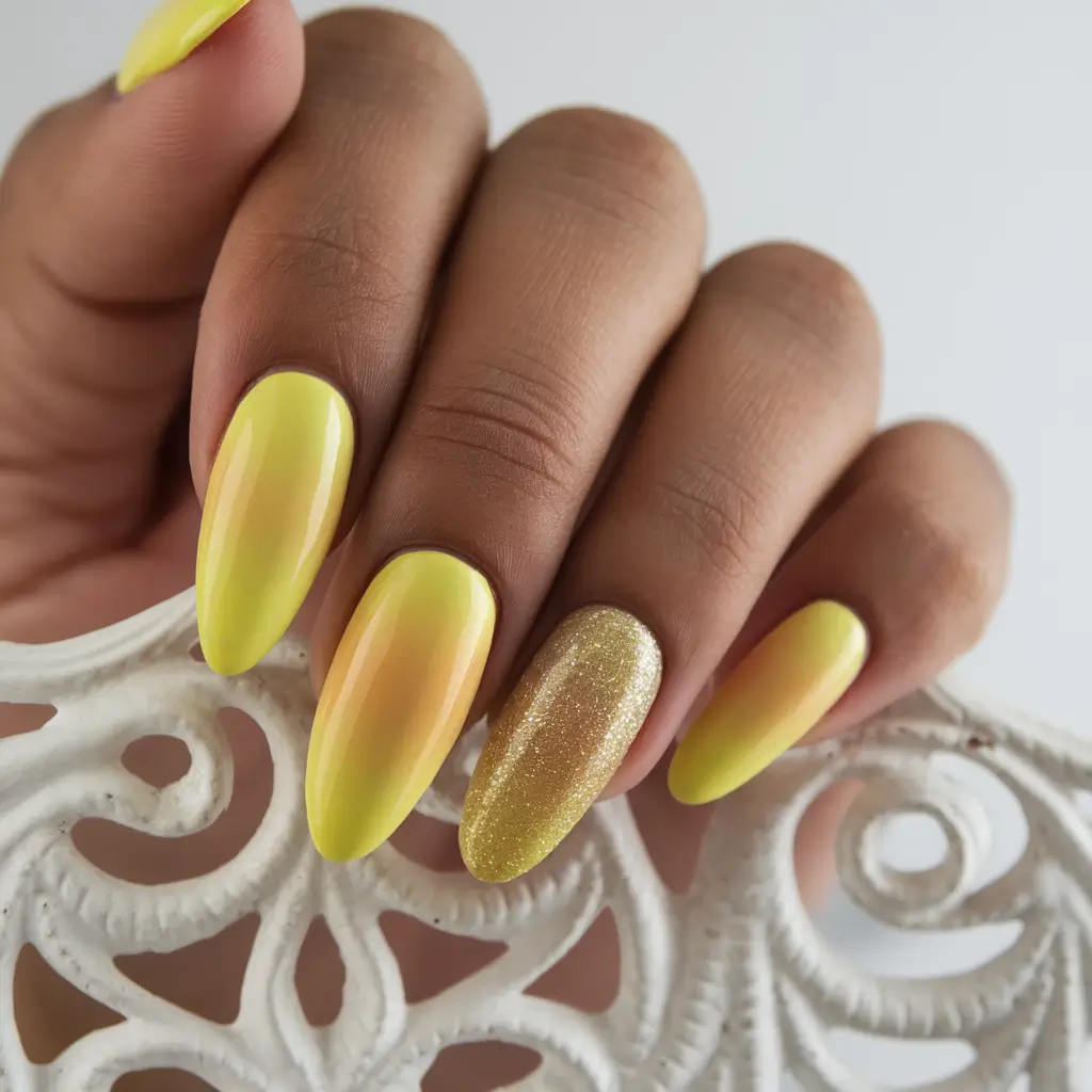 summer nail colors ideas 2025 Lemon Glow with Golden Glitz